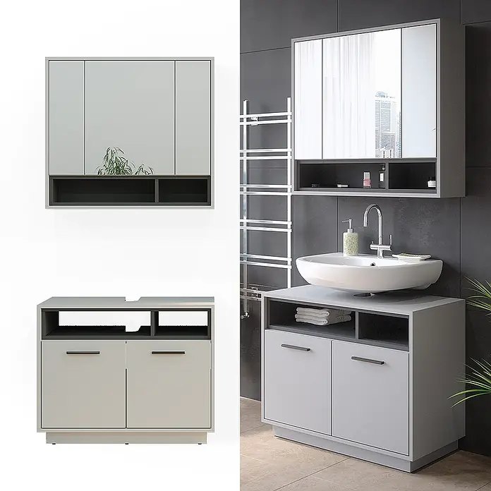 Vicco Badmöbel-Set Beatrice Grau 2 Teile - Gesamtbreite Badmöbel: 80 cm, Grau, Matt - Modernes hellgraues und dunkelgraues Badmöbel-Set mit Spiegelschrank und Waschbeckenunterschrank. Im Badezimmer mit Waschbecken gezeigt.