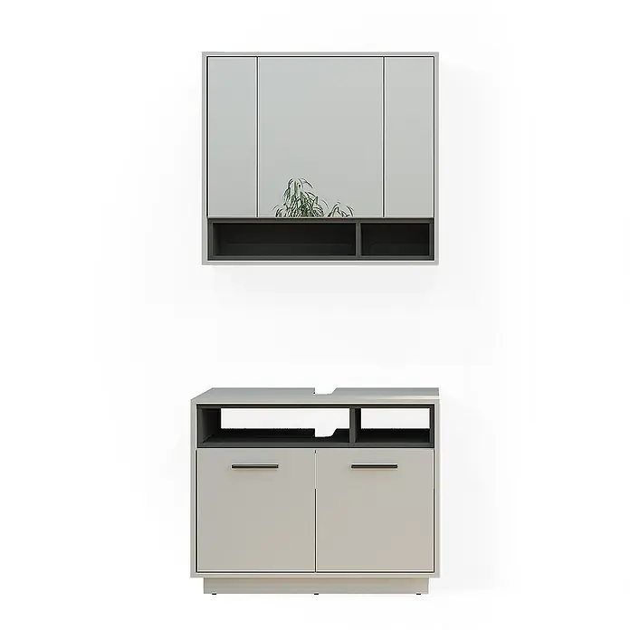 Vicco Badmöbel-Set Beatrice Grau 2 Teile - Gesamtbreite Badmöbel: 80 cm, Grau, Matt - Modernes zweiteiliges Aufbewahrungsmöbelset in Hellgrau mit dunkelgrauen Akzenten, bestehend aus Wand- und Bodenmodulen mit Türen und offenen Fächern.