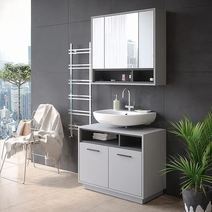 Vicco Badmöbel-Set Beatrice Grau 2 Teile - Gesamtbreite Badmöbel: 80 cm, Grau, Matt - Moderne grau-weiße Badmöbelkombination mit Aufsatzwaschbecken und Spiegelschrank, in stilvollem Badezimmer mit Stadtblick.