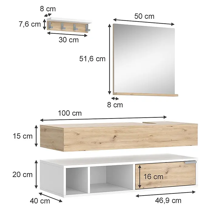 Vicco Badmöbel-Set Henri Weiß 4 Teile - Gesamtbreite Badmöbel: 130 cm, Weiß, Matt - Modernes Garderoben- / Wohnzimmermöbel-Set in Weiß und Holzoptik, bestehend aus Garderobe, Spiegel, Wandregal und Kommode mit Schublade.