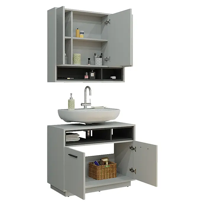 Vicco Badmöbel-Set Beatrice Grau 2 Teile - Gesamtbreite Badmöbel: 80 cm, Grau, Matt - Helles graues Badmöbel-Set mit Hängeschrank, offenen Fächern und Unterschrank mit Aufsatzwaschbecken, bietet viel Stauraum.