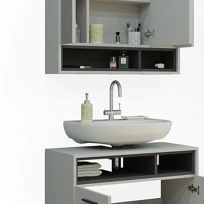 Vicco Badmöbel-Set Beatrice Grau 2 Teile - Gesamtbreite Badmöbel: 80 cm, Grau, Matt - Grauer Badezimmerschrank mit integriertem Waschbecken und passendem Hängeschrank, bietet Stauraum.