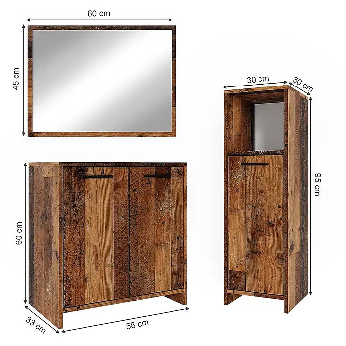 Vicco Badmöbel-Set Kiko Eiche rustikal 3 Teile, mit Midischrank - Gesamtbreite Badmöbel: 88 cm, Eiche rustikal, Matt - Rustikales Badmöbel-Set aus dunklem Holz: Spiegel, Waschtischunterschrank und Hochschrank.