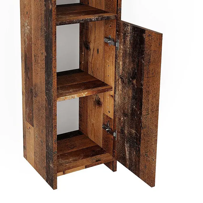 Vicco Badmöbel-Set Kiko Eiche rustikal 3 Teile, mit Midischrank - Gesamtbreite Badmöbel: 88 cm, Eiche rustikal, Matt - Rustikaler Schrank aus Altholz mit offener Tür, die zwei Innenregale und sichtbare Scharniere zeigt.