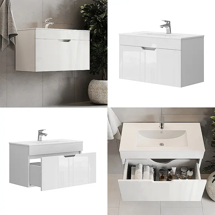 Vicco Badmöbel-Set Stefanie Weiß 2 Teile, Unterschrank 80 cm - Gesamtbreite Badmöbel: 78 cm, Weiß, Matt - Weißer glänzender wandmontierter Badschrank mit integriertem Waschbecken und Schublade, geöffnet mit Inhalt.