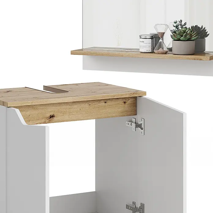 Vicco Badmöbel-Set Marelle Weiß 2 Teile - Gesamtbreite Badmöbel: 60 cm, Weiß, Matt - Weißer Badunterschrank mit offener Tür, heller Holzplatte mit U-Ausschnitt und passender Spiegelablage.