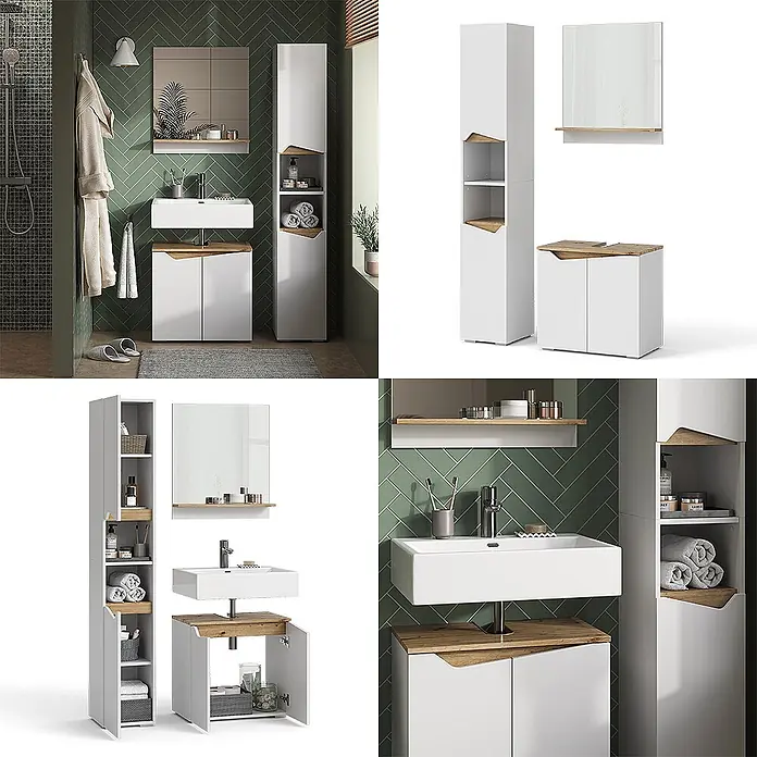Vicco Badmöbel-Set Marelle Weiß 3 Teile, mit Hochschrank - Gesamtbreite Badmöbel: 90 cm, Weiß, Matt - Weißes Badmöbelset mit hellen Holzdetails, bestehend aus Hochschrank, Waschtischunterschrank mit Becken und Spiegel. Ideal für moderne Badezimmer.