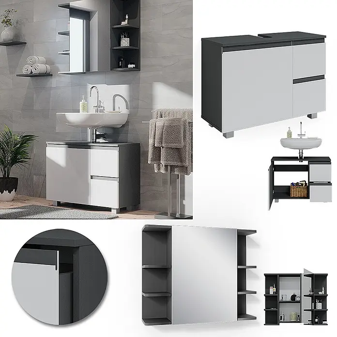 Vicco Badmöbel-Set J-Shape Anthrazit 2 Teile - Gesamtbreite Badmöbel: 80 cm, Anthrazit, Matt - Dunkel- und hellgraues Badezimmermöbel-Set mit Waschbeckenunterschrank und Spiegelschrank mit Regalen.