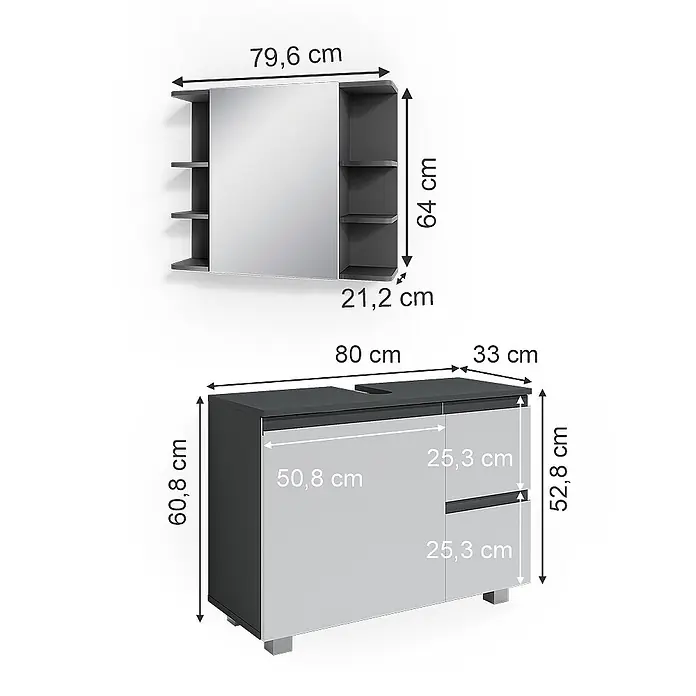Vicco Badmöbel-Set J-Shape Anthrazit 2 Teile - Gesamtbreite Badmöbel: 80 cm, Anthrazit, Matt - Grau-weißes Badmöbel-Set mit Spiegelschrank und Waschtischunterschrank mit Türen/Schubladen.