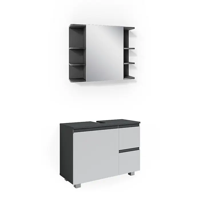 Vicco Badmöbel-Set J-Shape Anthrazit 2 Teile - Gesamtbreite Badmöbel: 80 cm, Anthrazit, Matt - Zweifarbiger grau-weißer Waschtischunterschrank mit passendem Spiegelschrank.