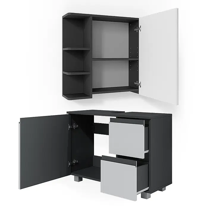 Vicco Badmöbel-Set J-Shape Anthrazit 2 Teile - Gesamtbreite Badmöbel: 80 cm, Anthrazit, Matt - Dunkelgraues Badmöbel-Set: Hängeschrank mit Regalen und Spiegeltür, Waschtischunterschrank mit Tür und zwei hellgrauen Schubladen.