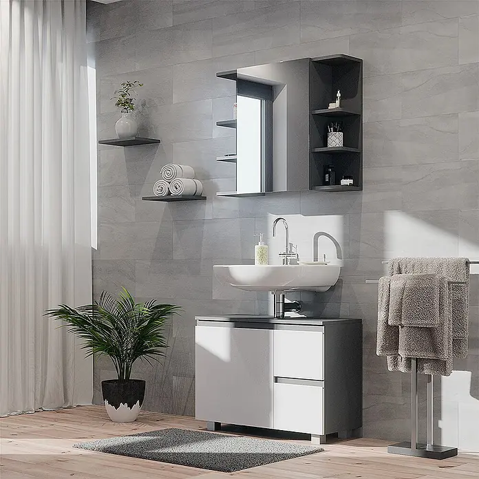 Vicco Badmöbel-Set J-Shape Anthrazit 2 Teile - Gesamtbreite Badmöbel: 80 cm, Anthrazit, Matt - Moderner Bad-Waschtischunterschrank mit weißem Keramikwaschbecken und weiß-dunkelgrauem Schrank im Badezimmer.