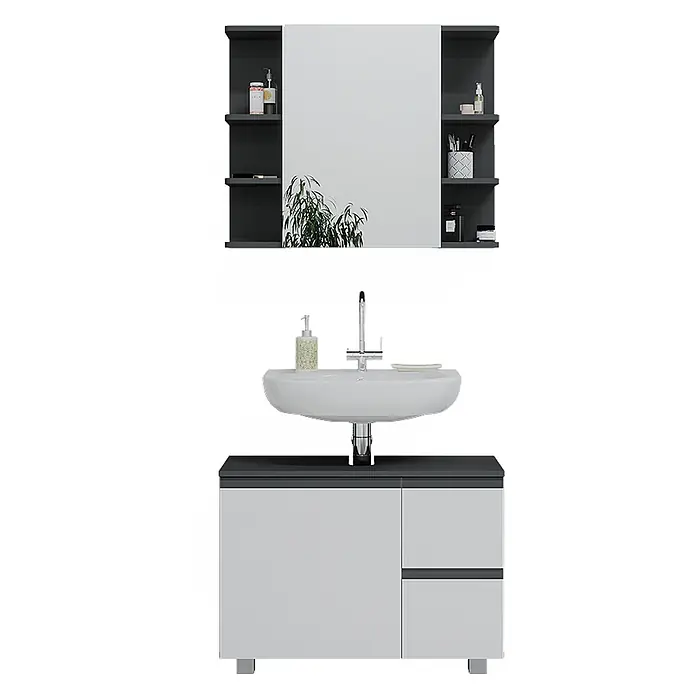 Vicco Badmöbel-Set J-Shape Anthrazit 2 Teile - Gesamtbreite Badmöbel: 80 cm, Anthrazit, Matt - Moderner hellgrau-dunkelgrauer Badunterschrank mit Waschbecken & Spiegelschrank mit Regalen.