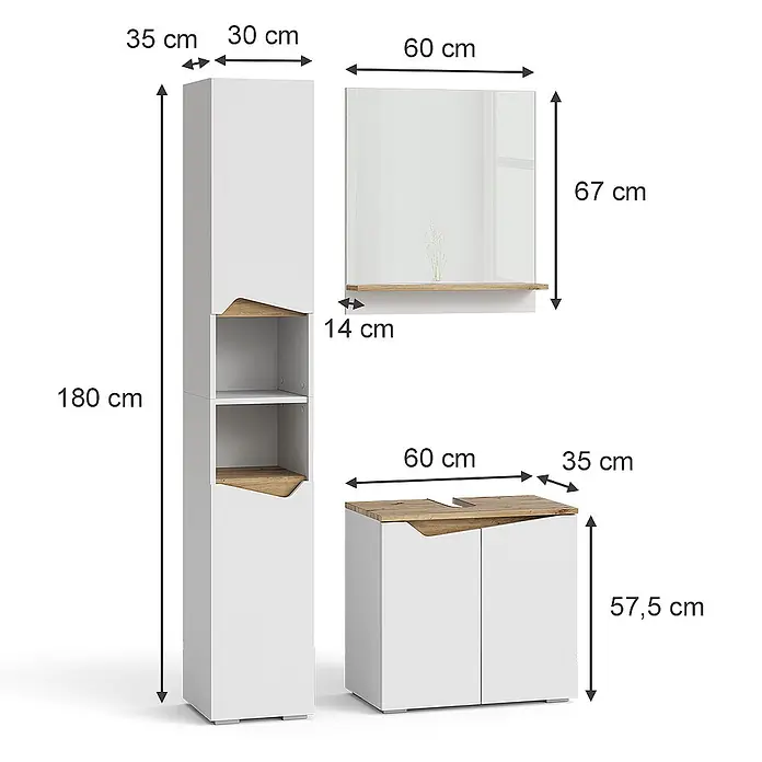 Vicco Badmöbel-Set Marelle Weiß 3 Teile, mit Hochschrank - Gesamtbreite Badmöbel: 90 cm, Weiß, Matt - Weißes Badezimmermöbelset mit Holzdetails: hoher Schrank, Spiegelschrank und Unterschrank.