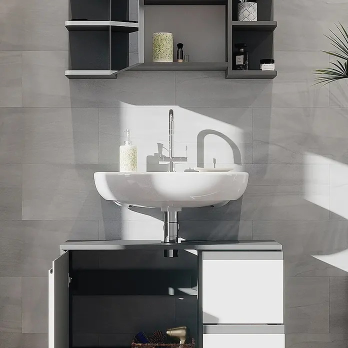 Vicco Badmöbel-Set J-Shape Anthrazit 2 Teile - Gesamtbreite Badmöbel: 80 cm, Anthrazit, Matt - Weißes Waschbecken mit grau-weißem Waschtischunterschrank und offenem Stauraum.