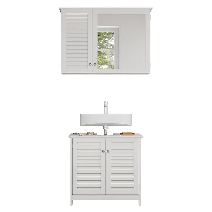 Vicco Badmöbel-Set Riad Weiß 2 Teile - Gesamtbreite Badmöbel: 60 cm, Weiß, Matt - Weißes Badmöbel-Set aus Holz mit Lamellentüren, bestehend aus einem Spiegelschrank und einem Waschtischunterschrank.