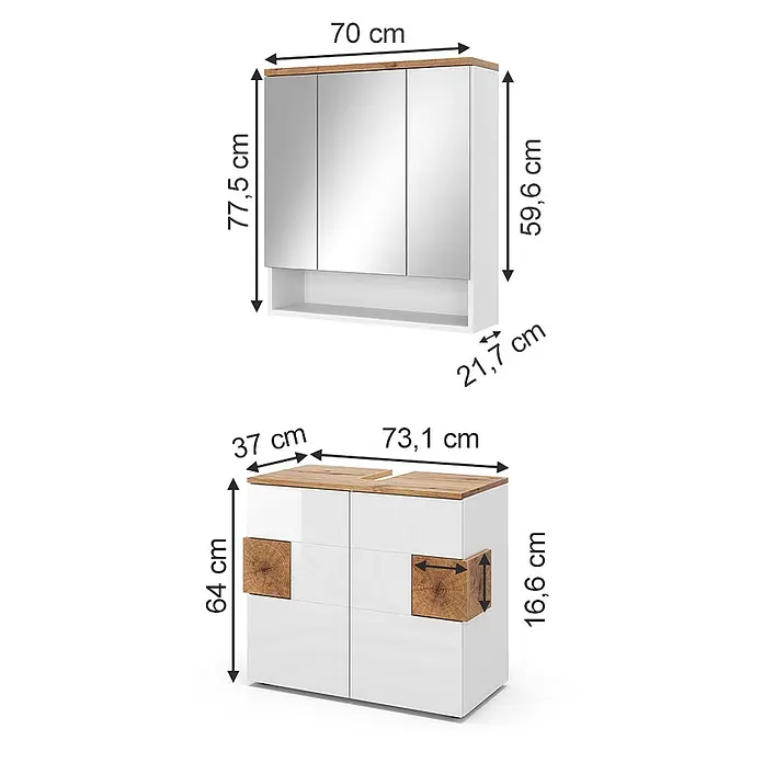 Vicco Badmöbel-Set Eden Weiß 2 Teile - Gesamtbreite Badmöbel: 73,1 cm, Weiß Hochglanz, Glänzend - Weißes Badmöbelset mit Holzdetails, bestehend aus einem Spiegelschrank und einem Waschtischunterschrank.