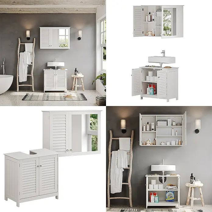 Vicco Badmöbel-Set Riad Weiß 2 Teile - Gesamtbreite Badmöbel: 60 cm, Weiß, Matt - Weißes Badmöbel-Set mit Waschtischunterschrank und Wandschrank mit Lamellentüren, im Bad und als Einzelprodukte gezeigt.