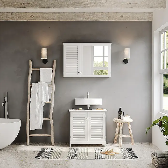 Vicco Badmöbel-Set Riad Weiß 2 Teile - Gesamtbreite Badmöbel: 60 cm, Weiß, Matt - Weißer Lamellen-Badschrank mit Waschbecken und passendem Spiegelschrank.