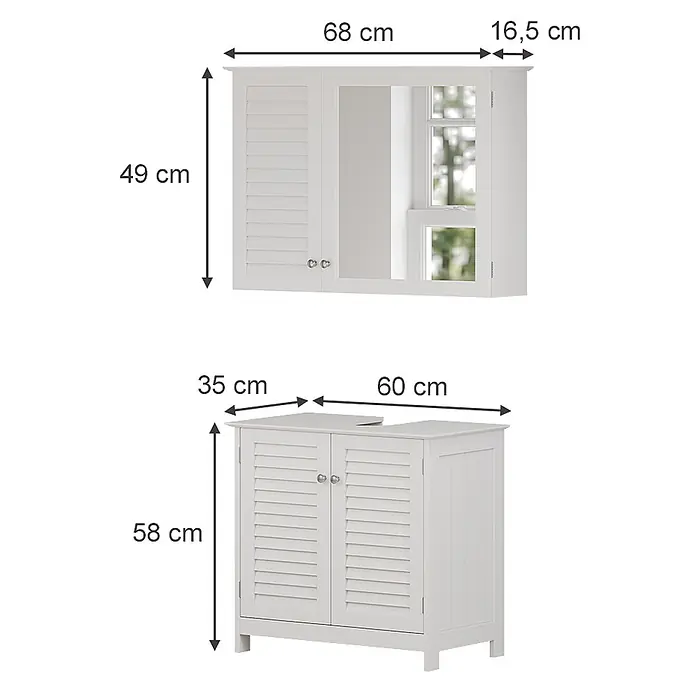 Vicco Badmöbel-Set Riad Weiß 2 Teile - Gesamtbreite Badmöbel: 60 cm, Weiß, Matt - Weiße Badezimmerschränke aus Holz mit Lamellentüren, bestehend aus einem Wandschrank und einem Unterschrank.