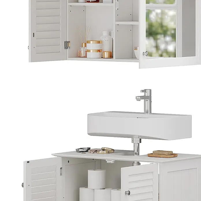 Vicco Badmöbel-Set Riad Weiß 2 Teile - Gesamtbreite Badmöbel: 60 cm, Weiß, Matt - Weißer Badunterschrank mit Lamellentüren, integriertem Waschbecken und passendem Wandschrank.