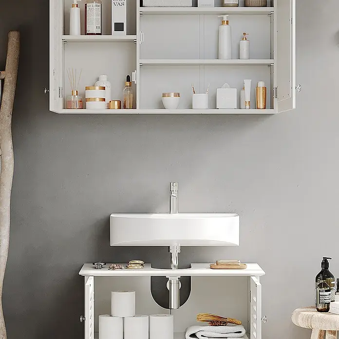 Vicco Badmöbel-Set Riad Weiß 2 Teile - Gesamtbreite Badmöbel: 60 cm, Weiß, Matt - Weißer Badezimmerschrank mit Waschbecken und Wandschrank in einem modernen Bad, bietet viel Stauraum.