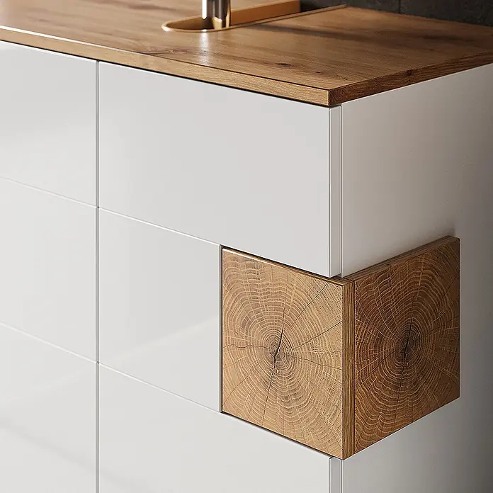 Vicco Badmöbel-Set Eden Weiß 2 Teile - Gesamtbreite Badmöbel: 73,1 cm, Weiß Hochglanz, Glänzend - Moderner, glänzender weißer Schrank mit Naturholz-Arbeitsplatte und dekorativen Eckelementen aus Holz mit deutlichen Jahresringen.