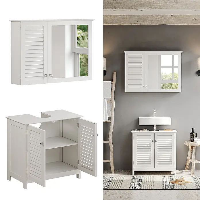 Vicco Badmöbel-Set Riad Weiß 2 Teile - Gesamtbreite Badmöbel: 60 cm, Weiß, Matt - Weißer Medizinschrank aus Holz mit Spiegel und Lamellentür, und passender Waschtischunterschrank mit Lamellentüren.