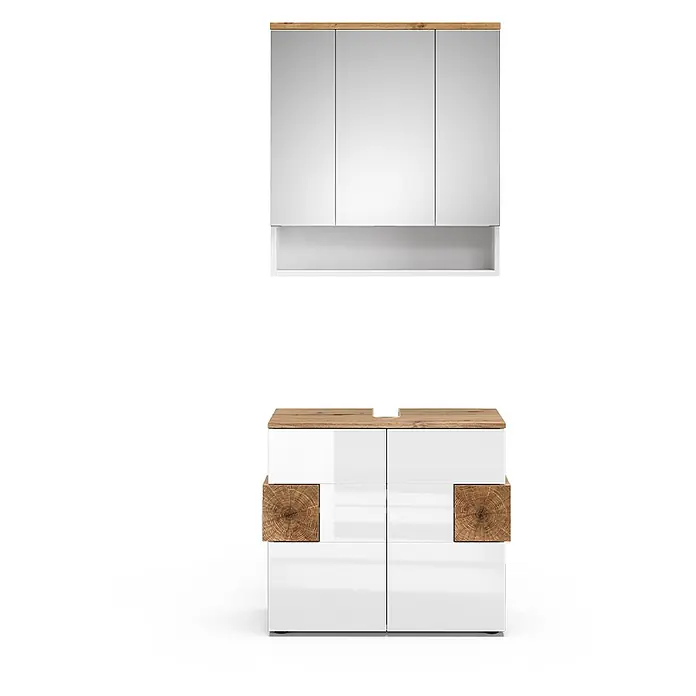 Vicco Badmöbel-Set Eden Weiß 2 Teile - Gesamtbreite Badmöbel: 73,1 cm, Weiß Hochglanz, Glänzend - Weißes Hochglanz-Badezimmerset mit Spiegelschrank, Waschtischunterschrank, hellen Eichenplatten und dekorativen Holzblöcken.