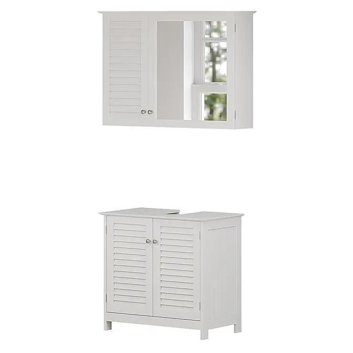 Vicco Badmöbel-Set Riad Weiß 2 Teile - Gesamtbreite Badmöbel: 60 cm, Weiß, Matt - Weißes Badezimmerschrank-Set: ein Wandspiegelschrank mit Jalousietür und ein freistehender Waschbeckenunterschrank mit zwei Jalousietüren.