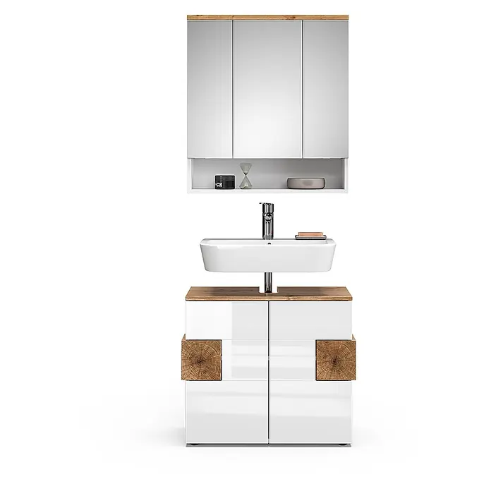 Vicco Badmöbel-Set Eden Weiß 2 Teile - Gesamtbreite Badmöbel: 73,1 cm, Weiß Hochglanz, Glänzend - Weißer Hochglanz-Badmöbel-Set mit Holz-Akzenten, Spiegelschrank und rechteckigem Waschbecken.