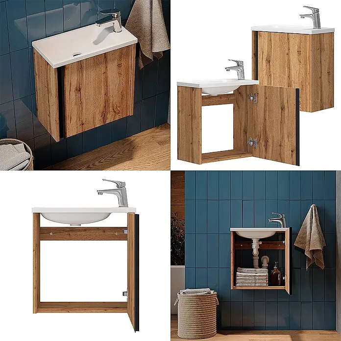 Vicco Badmöbel-Set Kleo Goldkraft Eiche 2 Teile - Gesamtbreite Badmöbel: 49 cm, Goldkraft Eiche, Matt - Wandhängender Holz-Badunterschrank mit weißem Keramikwaschbecken und Chromarmatur. Kompaktes Design.