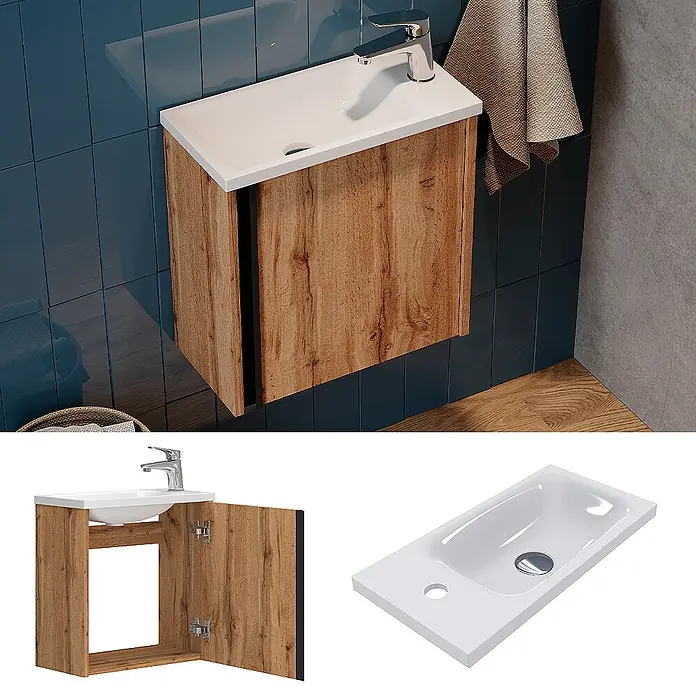 Vicco Badmöbel-Set Kleo Goldkraft Eiche 2 Teile - Gesamtbreite Badmöbel: 49 cm, Goldkraft Eiche, Matt - Wandmontierter Waschtischunterschrank in Holzoptik mit integriertem weißen Keramikbecken und Chromarmatur.