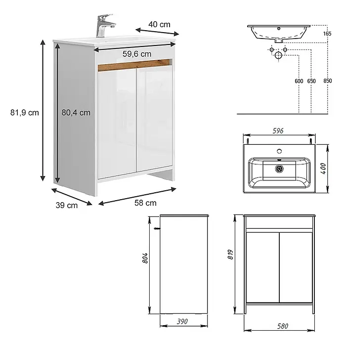 Vicco Badmöbel-Set Lemgo Weiß Hochglanz 2 Teile, Unterschrank 60 cm - Gesamtbreite Badmöbel: 58 cm, Weiß Hochglanz, Matt - Weißer Badunterschrank mit integriertem Waschbecken, Armatur und zwei Türen, mit Holz-Akzent.