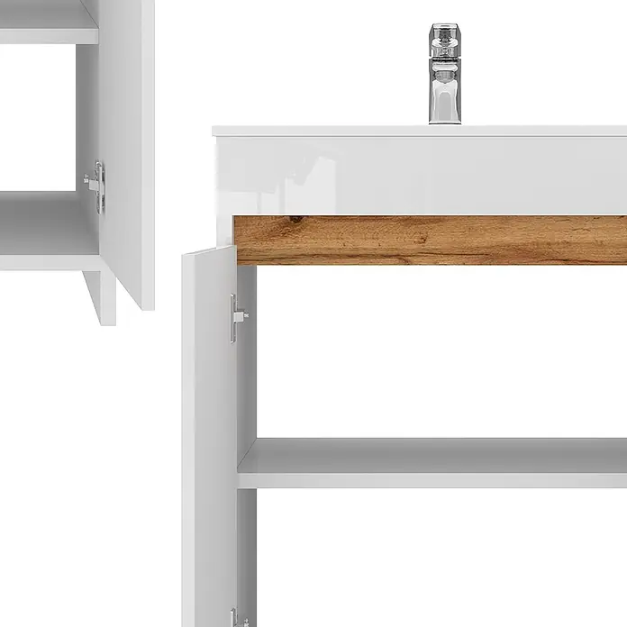 Vicco Badmöbel-Set Lemgo Weiß Hochglanz 2 Teile, Unterschrank 60 cm - Gesamtbreite Badmöbel: 58 cm, Weiß Hochglanz, Matt - Weißer Badezimmerschrank mit Holzfront, integriertem Waschbecken, Chromarmatur und offenem Staufach.