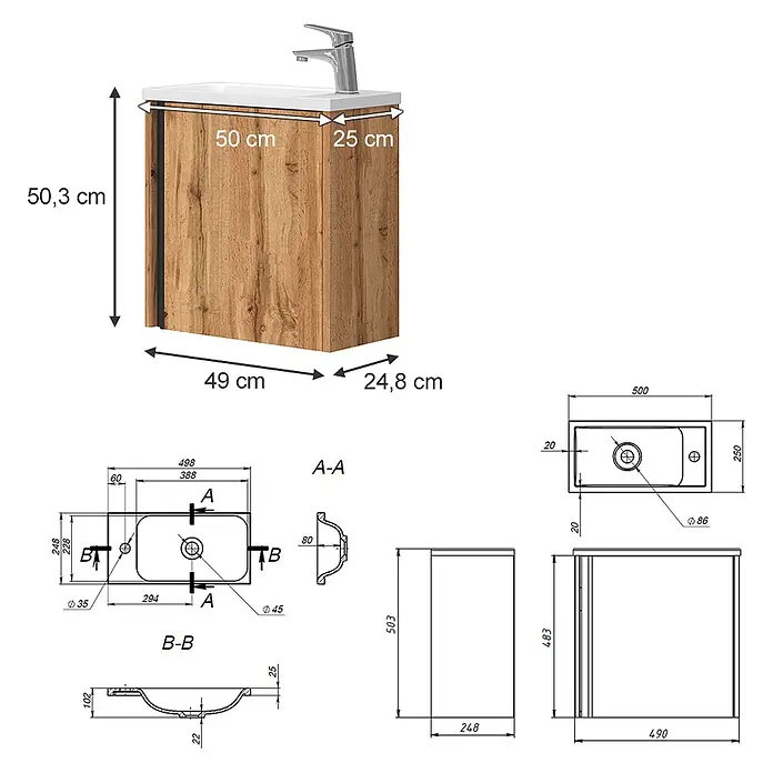 Vicco Badmöbel-Set Kleo Goldkraft Eiche 2 Teile - Gesamtbreite Badmöbel: 49 cm, Goldkraft Eiche, Matt - Kompakter Badezimmerschrank in Holzoptik mit weißem Keramikwaschbecken und Chromarmatur, detailliert mit Maßen.