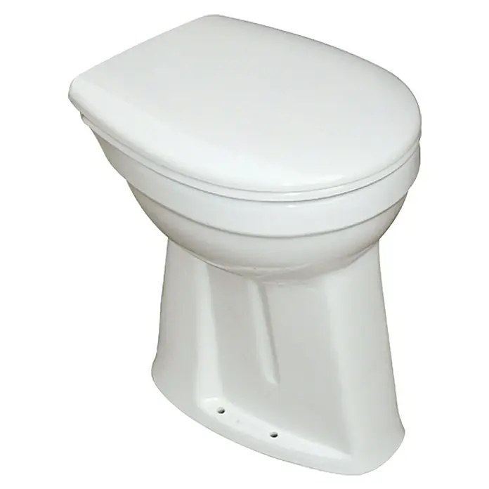 Camargue Stand-WC-Set Plus 100Mit Spülrand, Ohne Spezialglasur, Spülform: Flach, WC Abgang: Senkrecht, Weiß - Nahaufnahme einer weißen Toilette mit Deckel, die ein schlichtes und modernes Design für Badezimmerausstattung zeigt.