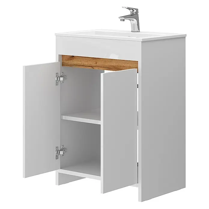 Vicco Badmöbel-Set Lemgo Weiß Hochglanz 2 Teile, Unterschrank 60 cm - Gesamtbreite Badmöbel: 58 cm, Weiß Hochglanz, Matt - Weißer Badezimmerunterschrank mit Waschbecken und Chromarmatur. Offene Türen zeigen Regale und Holzdekor.