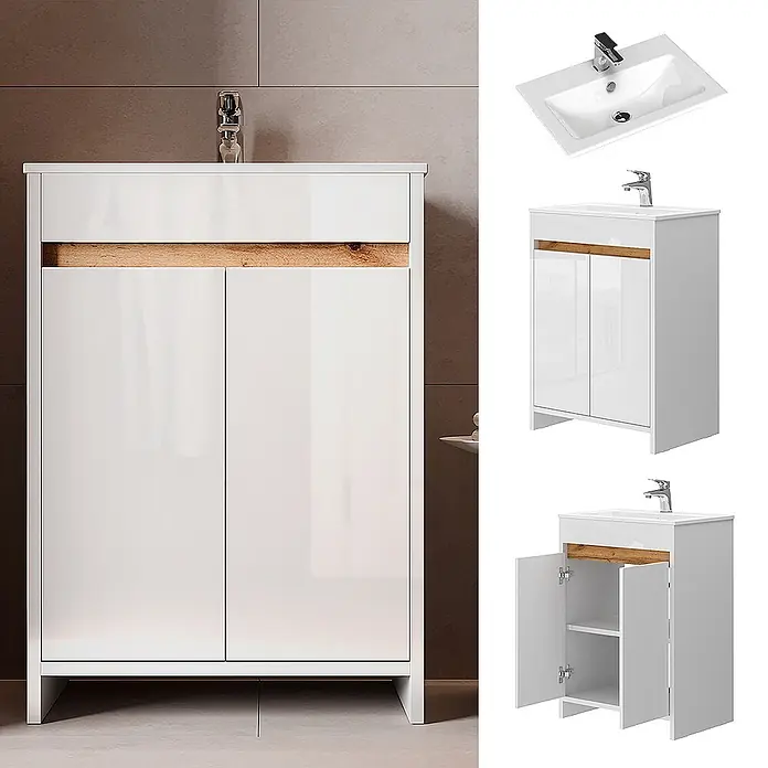 Vicco Badmöbel-Set Lemgo Weiß Hochglanz 2 Teile, Unterschrank 60 cm - Gesamtbreite Badmöbel: 58 cm, Weiß Hochglanz, Matt - Weißer Hochglanz-Badezimmerschrank mit Holz-Akzent, integriertem Waschbecken und zwei Türen, zeigt Innenablage.