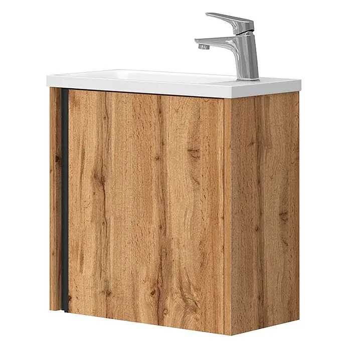 Vicco Badmöbel-Set Kleo Goldkraft Eiche 2 Teile - Gesamtbreite Badmöbel: 49 cm, Goldkraft Eiche, Matt - Waschbeckenunterschrank aus hellem Holzdekor mit weißem Waschbecken und Chromarmatur.