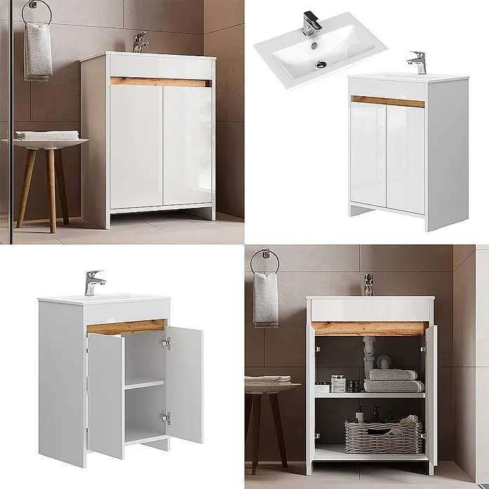 Vicco Badmöbel-Set Lemgo Weiß Hochglanz 2 Teile, Unterschrank 60 cm - Gesamtbreite Badmöbel: 58 cm, Weiß Hochglanz, Matt - Weißer Badunterschrank mit Keramikwaschbecken, Chromarmatur und Holz-Akzent. Zwei Türen.