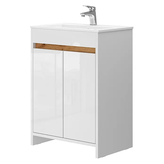 Vicco Badmöbel-Set Lemgo Weiß Hochglanz 2 Teile, Unterschrank 60 cm - Gesamtbreite Badmöbel: 58 cm, Weiß Hochglanz, Matt - Weißer Hochglanz-Badezimmer-Waschtisch mit integriertem Waschbecken, Chromarmatur und Holzdekor. Zwei Türen.