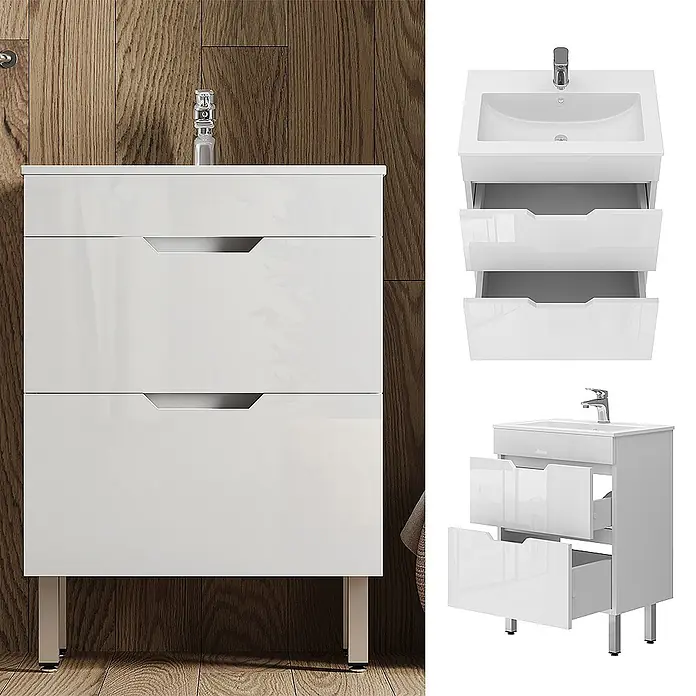 Vicco Badmöbel-Set Clayton Weiß 2 Teile, Unterschrank 60 cm - Gesamtbreite Badmöbel: 58 cm, Weiß, Matt - Weißer Hochglanz-Badezimmerschrank mit integriertem Waschbecken, drei Schubladen und Beinen, teilweise geöffnet.