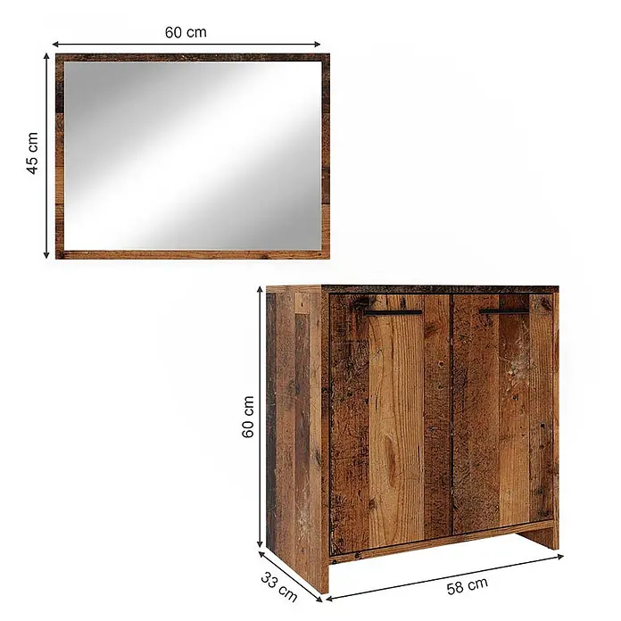 Vicco Badmöbel-Set Kiko Eiche rustikal 2 Teile - Gesamtbreite Badmöbel: 58 cm, Eiche rustikal, Matt - Holzspiegel (60x45cm) und rustikaler Holzschrank (58x60x33cm). Ideal für Flur oder Bad.