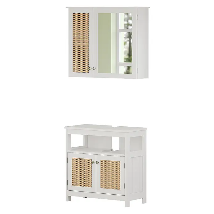 Vicco Badmöbel-Set Rosario Weiß 2 Teile - Gesamtbreite Badmöbel: 60 cm, Weiß, Matt - Weißes zweiteiliges Badezimmerschrank-Set mit Rattan-Türen und einem Spiegelschrank.