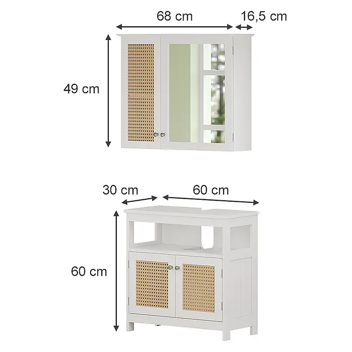 Vicco Badmöbel-Set Rosario Weiß 2 Teile - Gesamtbreite Badmöbel: 60 cm, Weiß, Matt - Weißes Badmöbel-Set mit Rattantüren und Spiegel. Oben: H49xB68xT16,5cm. Unten: H60xB60xT30cm.