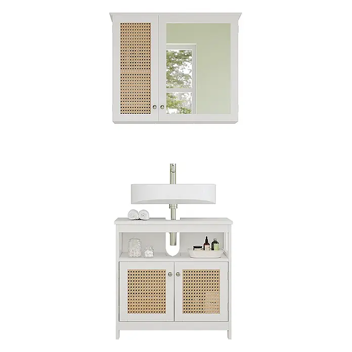 Vicco Badmöbel-Set Rosario Weiß 2 Teile - Gesamtbreite Badmöbel: 60 cm, Weiß, Matt - Weißes Badmöbelset mit Spiegelschrank und Waschbeckenunterschrank, Akzente aus Rattan.
