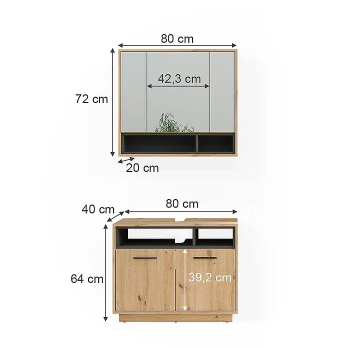 Vicco Badmöbel-Set Beatrice Artisan-Eiche 2 Teile - Gesamtbreite Badmöbel: 80 cm, Artisan-Eiche, Matt - Zweiteiliges Möbelset: ein Wandschrank mit Spiegeln und ein Sideboard mit Türen, in Holzoptik und Dunkelgrau.
