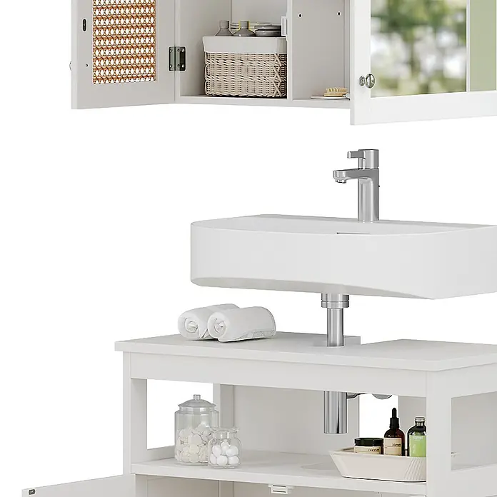 Vicco Badmöbel-Set Rosario Weiß 2 Teile - Gesamtbreite Badmöbel: 60 cm, Weiß, Matt - Weiße Badezimmermöbel mit Waschbecken, Armatur und Stauraum. Eine Schranktür hat eine Rattan-Einlage.