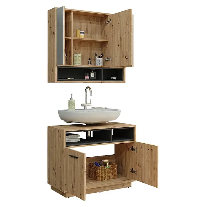 Vicco Badmöbel-Set Beatrice Artisan-Eiche 2 Teile - Gesamtbreite Badmöbel: 80 cm, Artisan-Eiche, Matt - Hellholz- und dunkelgrauer Waschtisch mit Waschbecken und passendem Spiegelschrank, beide geöffnet zeigen Stauraum.